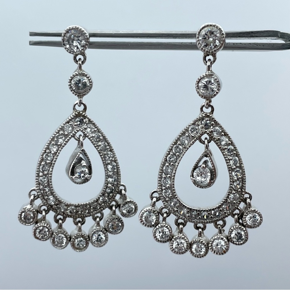 Stunning 925 Sterling Silver CZ Teardrop Dangle Earrings Vintage ChandelierStyle